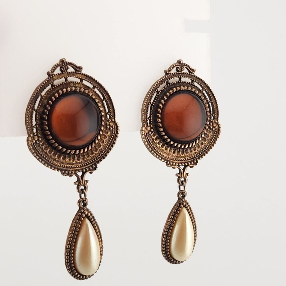 1928 Victorian Style Clip Earrings Amber Cabochon & Faux Pearl Dangle Statement